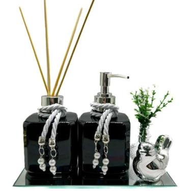 Imagem de Kit Lavabo Luxo Turmalina em PET com Difusor, Saboneteira e Bandeja Espelhada – Porta Sabonete Decorativo para Banheiro(PRETO,ROSE)