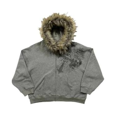 Imagem de Moletom Feminino Y2K Harajuku Com Gola De Pele Sintética, Estampa Gráf