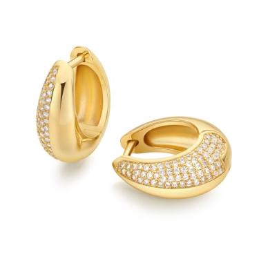 Imagem de FRUMOS Brincos femininos de prata esterlina 925 banhados a ouro 18 quilates com argola hipoalergênica pequena zircônia cúbica, Medium, Metal, Zircônia cúbica