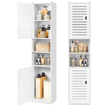 Imagem de YIGANG Armário de armazenamento alto para banheiro, armário de exibição sem piso, unidade organizadora de móveis de armazenamento fino para escritório, cozinha, entrada, papel higiênico, branco