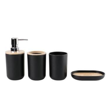 Imagem de Conjunto para Banheiro 4 Peças, Preto e Madeira, Dispensador de Sabonete Líquido, Porta Escova, Copo e Saboneteira
