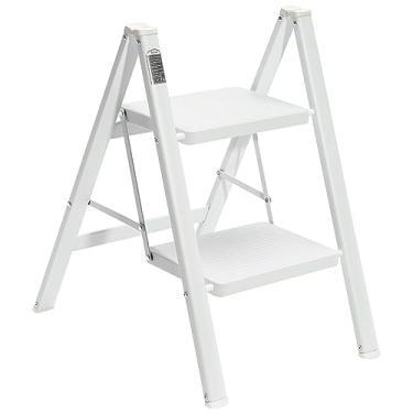 Imagem de BOCOM Escada de 2 degraus, leve, portátil, dobrável, dobrável, resistente, com pedal largo antiderrapante, capacidade de 150 kg, para casa, cozinha, armário, adultos, branco