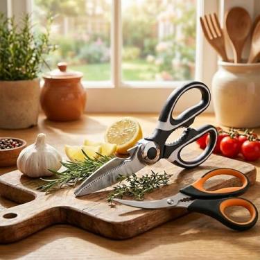 Imagem de Tesoura de cozinha multiuso – 2 tesouras de cozinha resistentes de aço inoxidável para cortar carne, peixe, aves, legumes, preparação de alimentos, conjunto de tesouras de cozinha afiadas multiuso