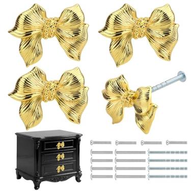 Imagem de Foyofly 4 maçanetas de cômoda com laço dourado puxadores fofos de liga de zinco puxadores de ferragens escovadas puxadores vintage puxador de gaveta de armário para armários de cozinha casa quarto (4