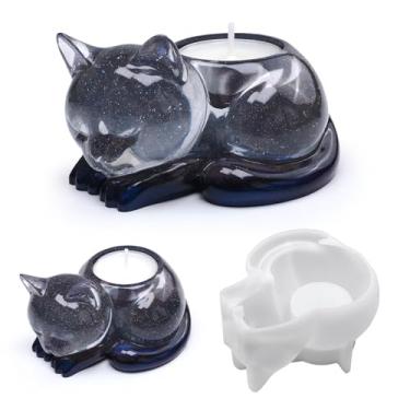 Imagem de Stiesy Molde de suporte de vela de gato, molde de silicone para vela cilíndrica animal 3D para fabricação de velas, artesanato faça você mesmo, decoração de casa
