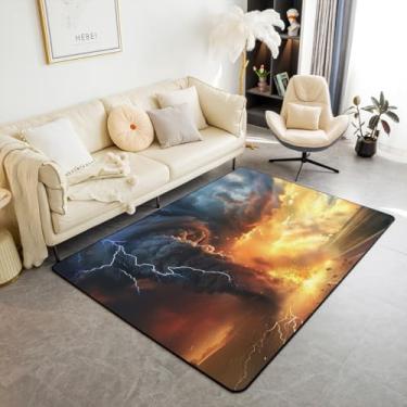 Imagem de Tapete de área de tornado 9,5 x 1,5 m, tapete decorativo de chamas de fogo em desastres naturais para quarto, sala de jogos, quintal, tapete antiderrapante com estampa de nuvens cinza relâmpago 3D