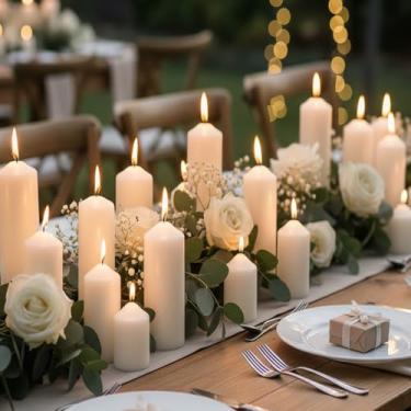 Imagem de Veiuwa Conjunto de 72 velas brancas de pilar, 5 x 7 x 15 x 15 cm - 24 de cada tamanho, sem gotejamento, sem fumaça, para centros de mesa de casamento, decoração de casa, igreja, ambiente romântico!