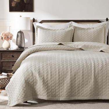 Imagem de WDCOZY Conjunto de colcha queen bege, caixa geométrica, leve, colcha rústica macia, edredom fino para primavera, verão, roupa de cama, 228 x 228 cm