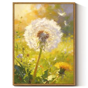 Imagem de vandlife Arte de parede em tela de flor de primavera rústica emoldurada pintada à mão, impressão de dente-de-leão com sementes flutuantes, botão amarelo no campo verde iluminado pelo sol, tema de