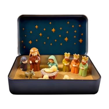 Imagem de Presépio de Natal, conjunto de presépio de Natal em miniatura em caixa de lata decorativa, estatuetas de resina com fundo estrelado, decoração sazonal da família sagrada 13 x 8 x 2,5 cm, decoração de