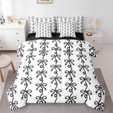 Imagem de Erosebridal Jogo de cama solteiro de gravata borboleta preta 7 peças | Jogo de edredom com laço de fita com lençol para meninas, crianças, mulheres, com nó de princesa em uma bolsa, lençol de cima com