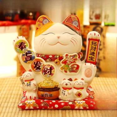 Imagem de FENNYYAR Maneki Neko de mão sorridente de cerâmica enviando gatinho branco, 25 cm 9,8 polegadas, abertura de loja, decoração, presente, mascote