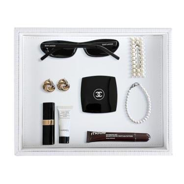 Imagem de HofferRuffer Bandeja de couro sintético, organizador de armazenamento de mesa elegante, organizador decorativo para perfume, manobrista de banheiro, mesa de cabeceira ou cômoda, 26 x 21 x 4,6 cm