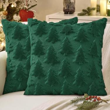 Imagem de MIULEE Capas de almofada decorativas de árvore de Natal Euro Shams 66 x 66 conjunto de 2 fronhas de pelúcia verde escuro de lã sintética decoração de férias almofadas para sofá, sofá, cama, varanda e
