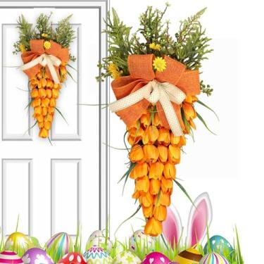 Imagem de Guirlanda de cenoura de Páscoa, guirlanda para porta da frente, decoração de porta de tulipa artificial feita à mão, em forma de cenoura rústica, arco de serapilheira laranja, arranjo floral de