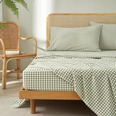 Imagem de LifeTB Jogo de lençol solteiro verde guingão, macio, respirável, 100% algodão lavado, xadrez verde com bolso profundo de 40,6 cm, confortável, durável, vintage, xadrez, casa de fazenda, jogo de lençol