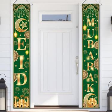 Imagem de Avezano Placa De Varanda Eid Mubarak, Faixa Festa Do Festival Porta Muçulmana Para Decoração Interiores E Exteriores (Verde)