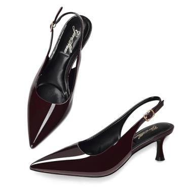 Imagem de GENSHUO Salto gatinho slingback fechado bico fino salto baixo sapato feminino 5 cm alça curta elegante confortável casamento namoro trabalho sapatos, Café, 8.5