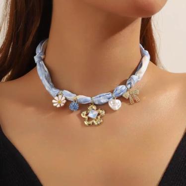 Imagem de Colar com laço de flores e pérolas para mulheres, colar bandana com berloques, joias modernas, presentes de amizade para mulheres, Medium, Latão, Sem Pedra Preciosa