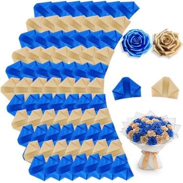 Imagem de TONIFUL 200 peças de fita de cetim pré-fabricada azul real e dourada, pétalas de rosa semi-acabadas para rosa eterna, faça você mesmo, buquês de flores, artesanato para dia dos namorados, formatura