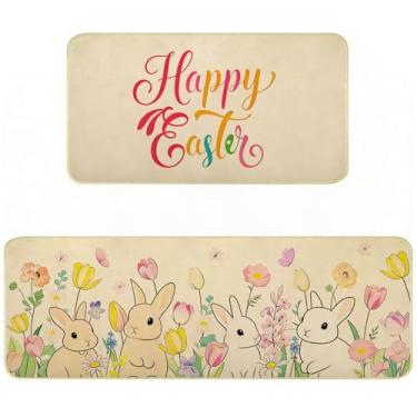 Imagem de Conjunto de 2 tapetes de cozinha de Páscoa, coelhinho fofo, primavera, floral, tapetes de cozinha para chão, de borracha, antiderrapante, absorvente, tapete de casa de banho, decoração de sala de