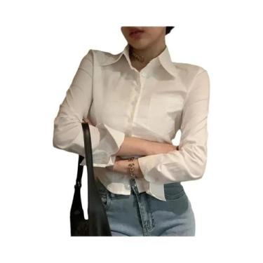 Imagem de Camisa De Chiffon Branca De Manga Longa Com Botão E Lapela Com Bolso P