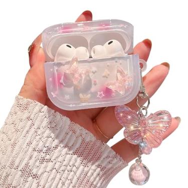 Imagem de PHOEACC Capa compatível com AirPods Pro 3, design fofo de glitter de borboleta 3D com chaveiro, capa protetora à prova de choque de TPU transparente para mulheres e meninas (Pro3 - Rosa borboleta)