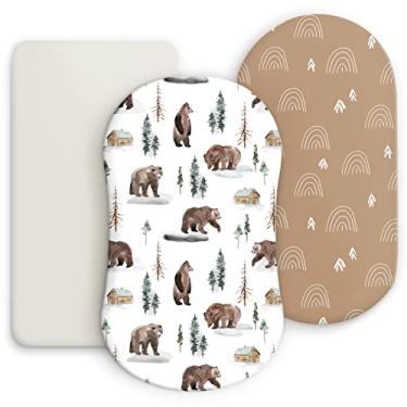 Imagem de GRSSDER Conjunto de Lençol Elástico Ultramacio, Ajuste Universal para Berço, Cesta de Moisés, Oval Retangular, Colchão Seguro e Confortável, Urso da Selva/Arco-Íris para Bebês