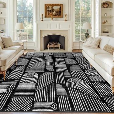 Imagem de MUJOO Tapete lavável de 20 x 25 cm, moderno de meados do século, antiderrapante, tapete grande preto e branco para sala de estar, quarto, sala de jantar