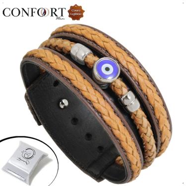 Imagem de Pulseira Ajustável De Couro Preto e Marrom Masculina Olho Grego Trançado-Unissex