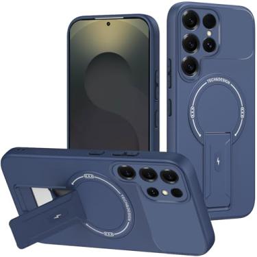 Imagem de POYUFRG Capa magnética para Samsung Galaxy S26 Ultra/S26 Plus/S26, capa de proteção de câmera fina fosca com capa de suporte dobrável, azul, S26