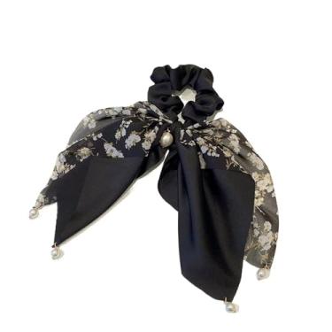 Imagem de Fita elástica para cabelo feminina com estampa de laço para meninas, rabo de cavalo, acessórios de cabelo (preto)