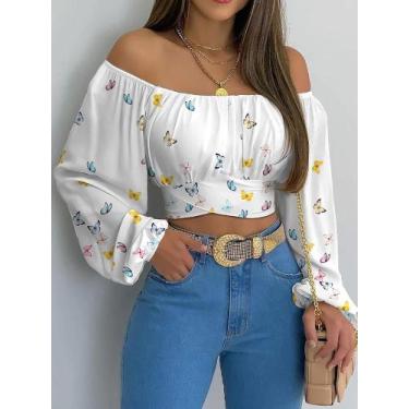 Imagem de Blusa Feminina Sexy Com Ombros Descidos, Manga Longa, Estilo Chic E El
