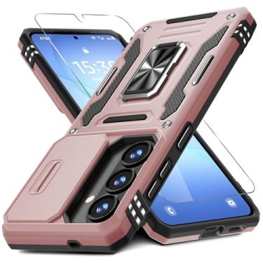 Imagem de DEERLAMN Capa para Samsung Galaxy S26+ Plus com capa de câmera deslizante + protetor de tela (1 unidade), suporte de anel giratório capa protetora à prova de choque de grau militar - ouro rosa