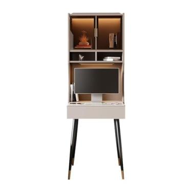 Imagem de x3anggyt5 Mesa de estudo moderna versátil com suporte e gaveta, mesa para laptop de 63 cm com prateleiras de armazenamento com estação de carregamento, fácil de instalar