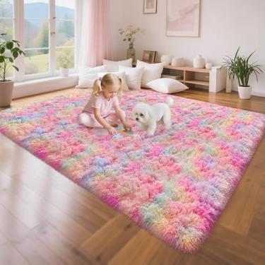 Imagem de TENNOLA Tapetes de pelúcia fofos de 1,5 x 2,3 m para quarto de meninas, tapete felpudo para sala de jogos infantil, tapetes felpudos de princesa kawaii para berçário, decoração de quarto colorido fofo