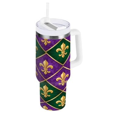 Imagem de Blueangle Copo isolado padrão Mardi Gras de 1,134 g com alça e tampa de palha, caneca de viagem reutilizável de aço inoxidável (773)