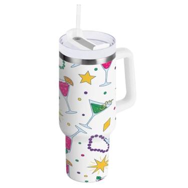 Imagem de Blueangle Copo isolado para coquetéis de carnaval de 850 g com alça e tampa de palha, caneca de viagem reutilizável de aço inoxidável (600)