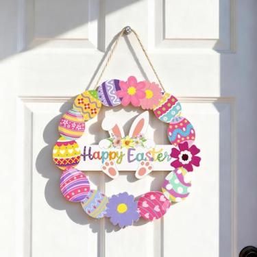 Imagem de Guirlanda de Páscoa de madeira para porta da frente – Placa de coelho oca feita à mão com flores e ovos, decoração de parede de primavera para ambientes internos e externos, artigos de festa de