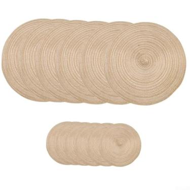 Imagem de Conjunto de 12 peças de jogo americano e porta-copos redondos, tapetes de mesa de 30 cm com tapetes de bebida de 11 cm, tecido de mistura de algodão, antiderrapante, resistente ao calor, decoração de