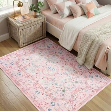 Imagem de Tapetes de área 7,5 x 12,5 cm para quarto, tapete rosa lavável à máquina, antiderrapante com forro de borracha, tapete floral vintage para sala de estar, sala de jantar, cozinha, decoração de casa
