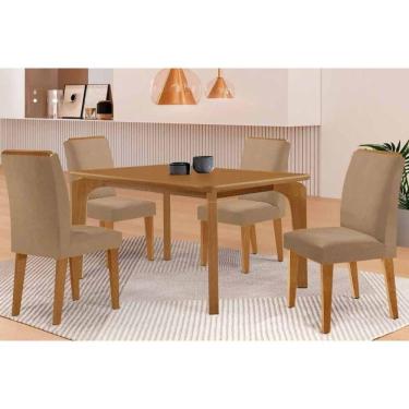 Imagem de Conjunto Sala de Jantar Londrina c/ Tampo Madeirado Canto Curvo 120x90cm e 4 Cadeiras Dakota Madeira Maciça Naturale - Capuccino/Corano Capuccino-Rufa