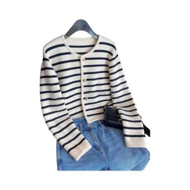 Imagem de Cardigã Feminino De Tricô Com Listras, Gola O, Manga Longa, Cropped, C