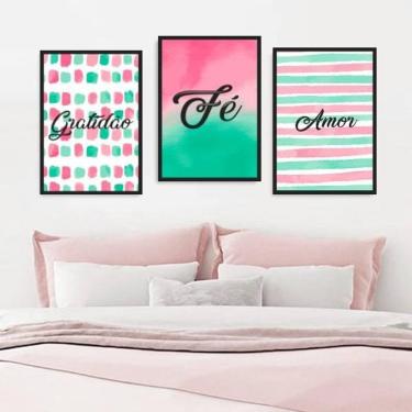 Imagem de Kit 3 Quadros Gratidão Amor Fé Rosa/Verde 33X24 Vidro Preta