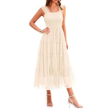 Imagem de Vestido PRETTYGARDEN Midi de Tule Bege Sem Mangas com Franzido Tamanho