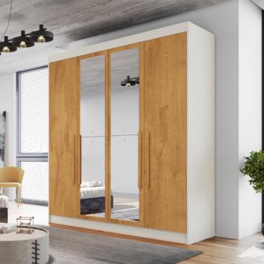 Imagem de Guarda Roupa Solteiro Com Espelho 4 Portas 3 Gavetas - Nantes-off White/peroba - Móveis Europa