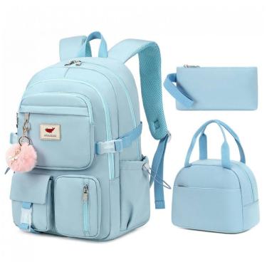 Imagem de Mochila escolar feminina para notebook 40 cm azul com estojo e lancheira 3 peças