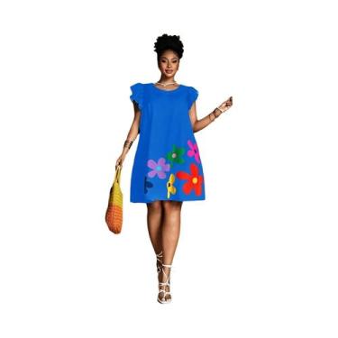 Imagem de Vestido casual feminino estampado com decote redondo - NONE, Azul, BR-