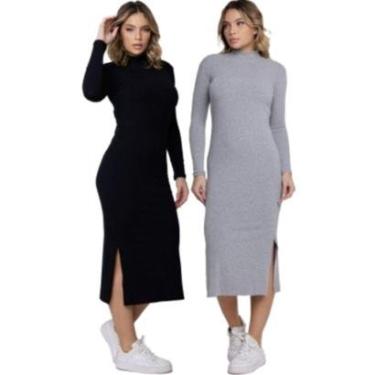 Imagem de KIT 2 Vestido Midi Manga Longa Bella Fiore Gola Alta Blogueira Canelado Moda Casual Fem...