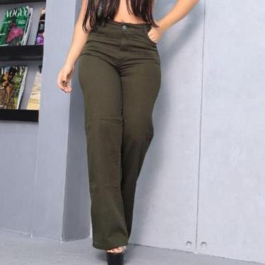 Imagem de Calça Wide leg verde exercito/musgo jeans feminina cintura alta premiu